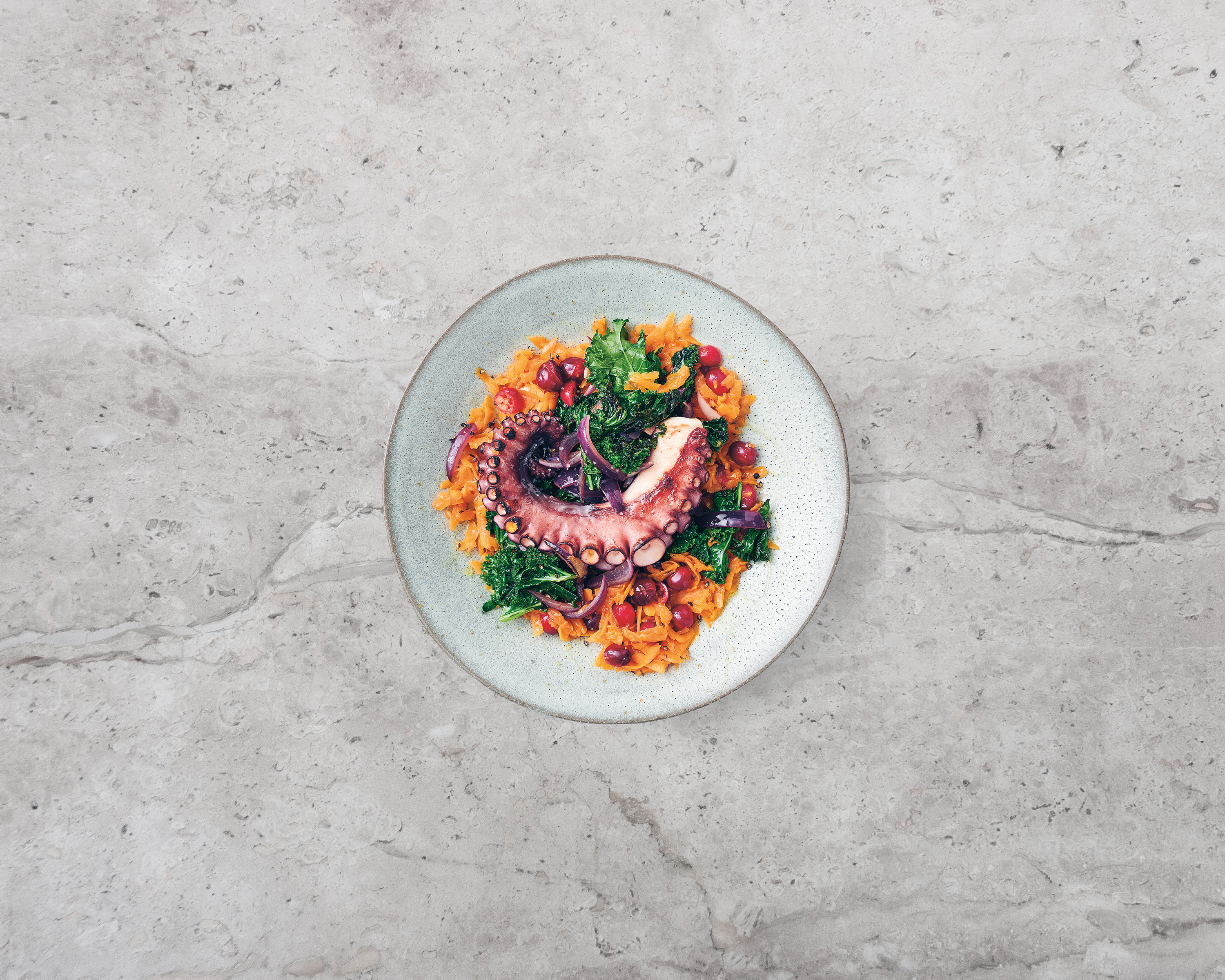 Pulpo auf Kürbiskraut & Grünkohl