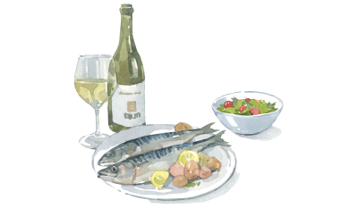 Anspruch Illustration eines Fisch-Gerichts mit Wein und Salat